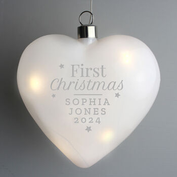 Personalised First Christmas LED Glass Heart Christmas Bauble, 3 of 4