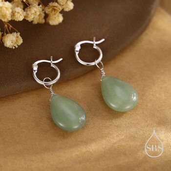 Sterling Silver Green Aventurine Jade Droplet Hoop Earrings, 4 of 11