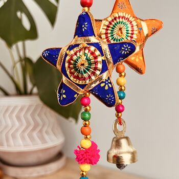 Recycled Fabric Star And Pom Pom Hanging Bells, 2 of 7