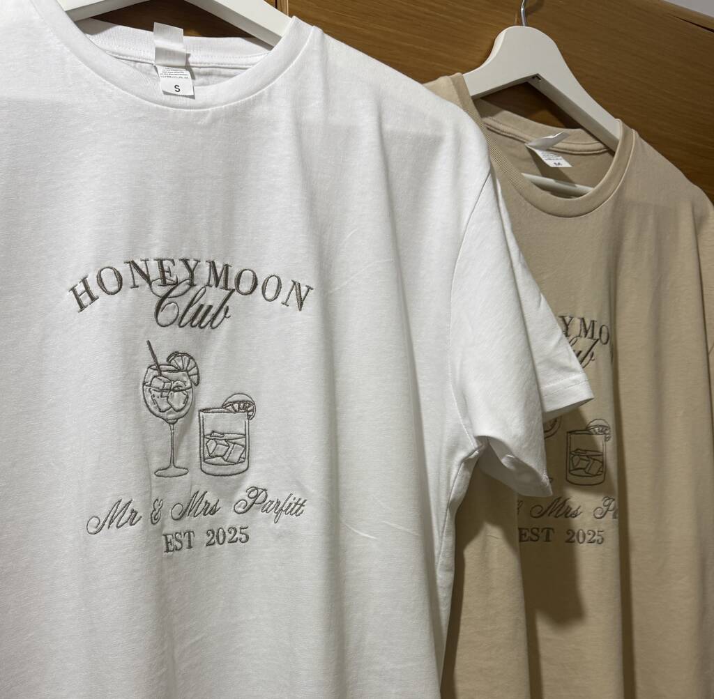 Custom Honeymoon Club Design Embroidered T Shirt, 1 of 3