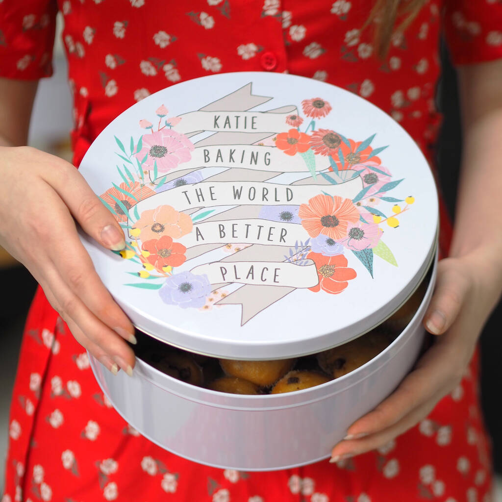 Personalised 'Baking The World A Better Place' Cake Tin, 1 of 3