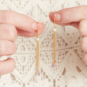 Pearl And Pastel Sapphire Gemstone Chain Earrings, 18 K Gold Vermeil, 4 of 7