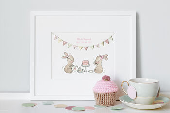 Personalised Girls Bunny Tea For Two Nursery Print, 3 of 8