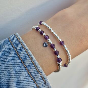 Sterling Silver February Amethyst Personalised Heart Bracelet Set Of Two Stacking Bracelets: February Birthstone Stacking Jewellery, 3 of 5