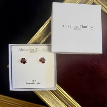 Red Rose Stud Earrings, Silver Plated, 3 of 5