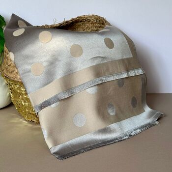 Silky Beige And Silver Spot Reversible Scarf, 9 of 9