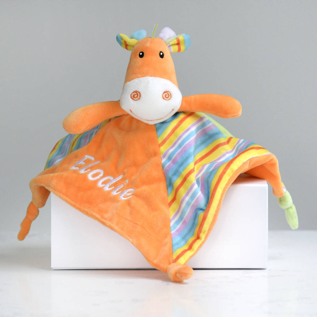 Personalised Orange Stripy Giraffe Baby Comforter, 1 of 5