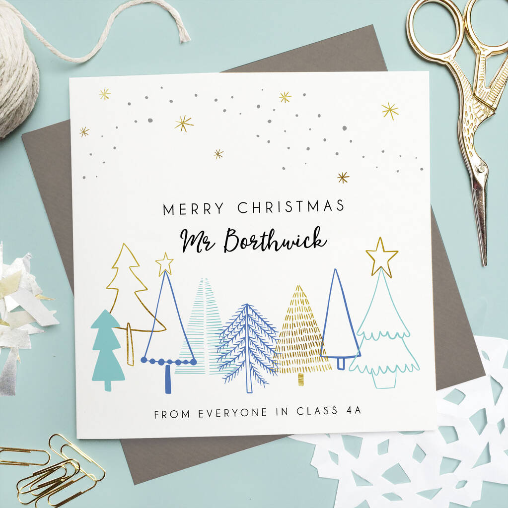 Personalised Teacher Foiled Christmas Card Blue, 1 of 3