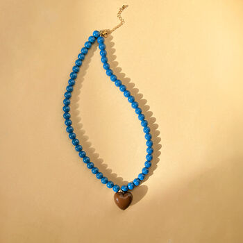 Peacock Blue Bead And Chocolate Heart Necklace, 2 of 6