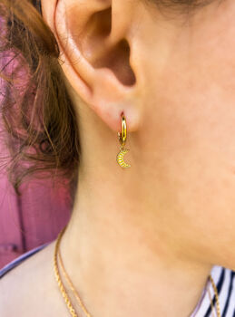 Gold Plated Delicate Engraved Moon And Star Hoops, 2 of 7