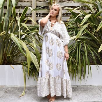'Heather' White And Gold Indian Print Batwing Crepe Dress, 8 of 9