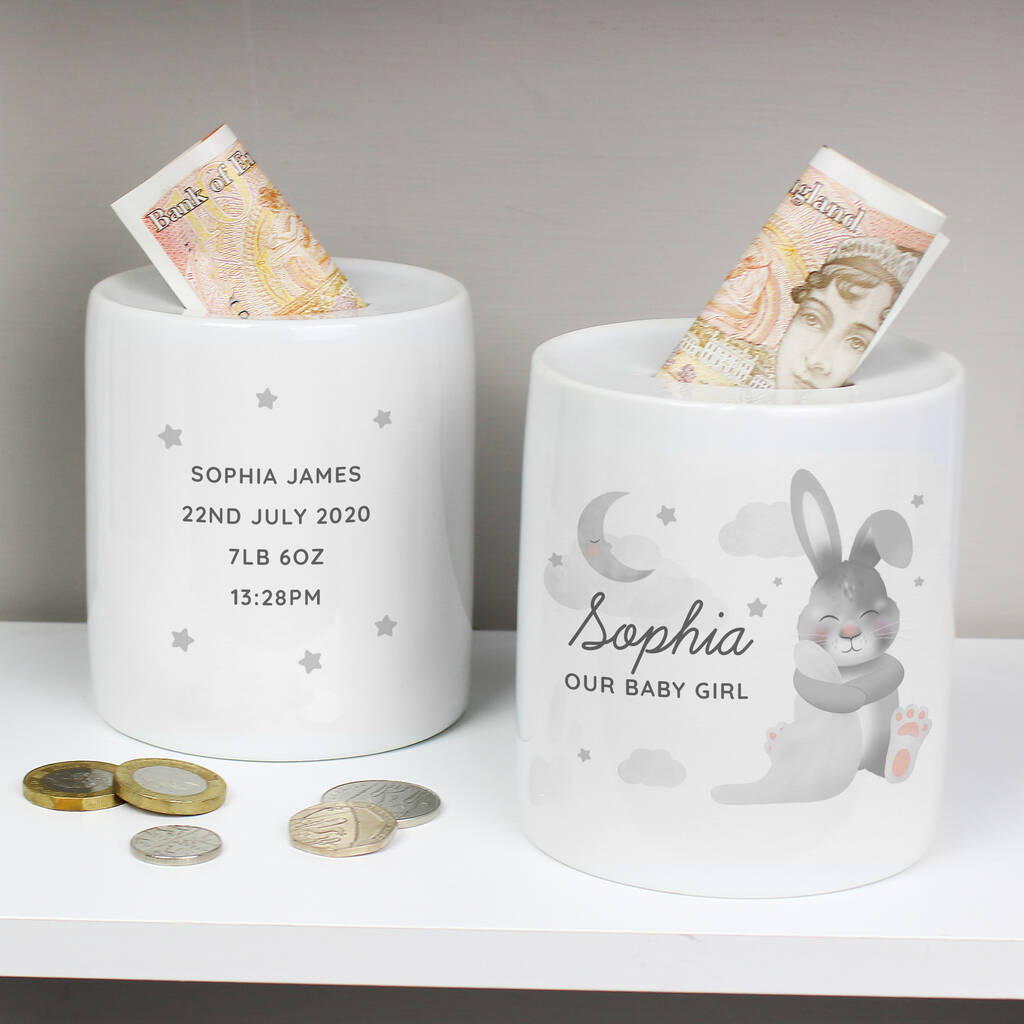 Personalised Baby Bunny Ceramic Money Box, 1 of 4