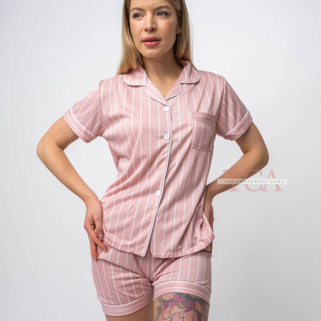 Pink Stripe Soft Cotton Night Suit Shorts Pyjama Set, 1 of 7