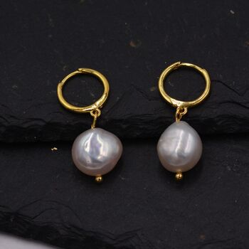Sterling Silver Baroque Pearl Huggie Hoop Earrings, 7 of 12