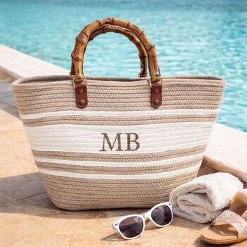 Personalised Lena Rope Stripe Bamboo Handle Tote Beach Bag, 3 of 6
