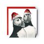 Gemini The Puffins Festive Red Hat Christmas Card, thumbnail 1 of 4