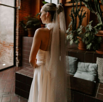 Pearl Embellished Tulle Waterfall Wedding Veil, 3 of 9