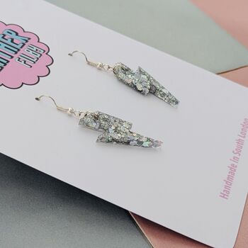 Silver Glitter Lightning Bolt Earrings Small And Large, 6 of 10