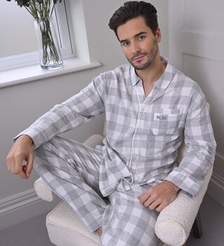 Mens Brushed Woven Grey Check Pyjama, 2 of 2