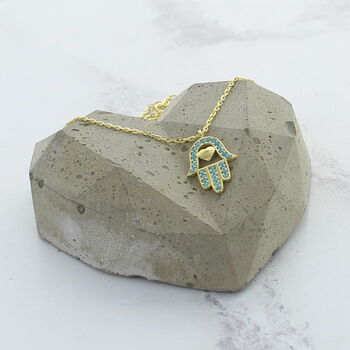 Gold Plated And Turquoise Hamsa Hand Necklace, 2 of 3