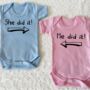 He Did It, She Did It Twin Baby Vests, thumbnail 2 of 9