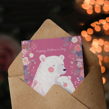 Polar Bear Mum And Cub Pink Floral Cute Happy Mother's Day Card, 3 of 6
