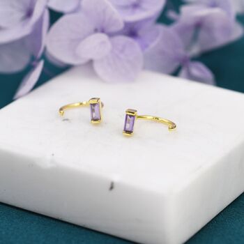 Sterling Silver Amethyst Purple Baguette Cut Cz Huggie Hoop Earrings, 4 of 9