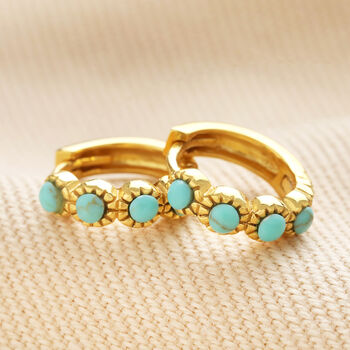 Gold Sterling Silver Teal Stone Huggie Hoop Earrings, 2 of 4