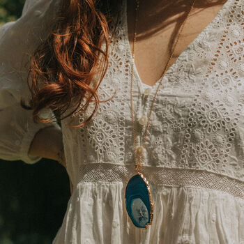 Gold Plate And Blue Agate Crystal Long Length Necklace, 4 of 9