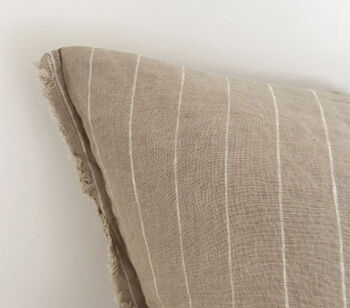 Mushroom And Cream Stripe Linen Cushion With Frayed Edges, 2 of 4