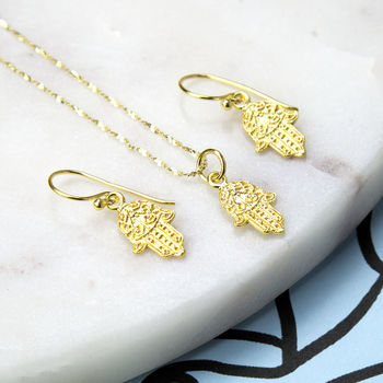 Gold Plated Sterling Silver Fatima Hand Dangly Earrings, 3 of 4