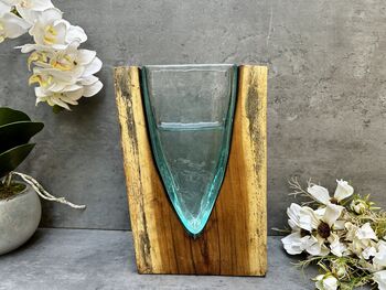 26cm V Shaped Molten Glass Vase On Teak Root – Handmade Wooden, 12 of 12