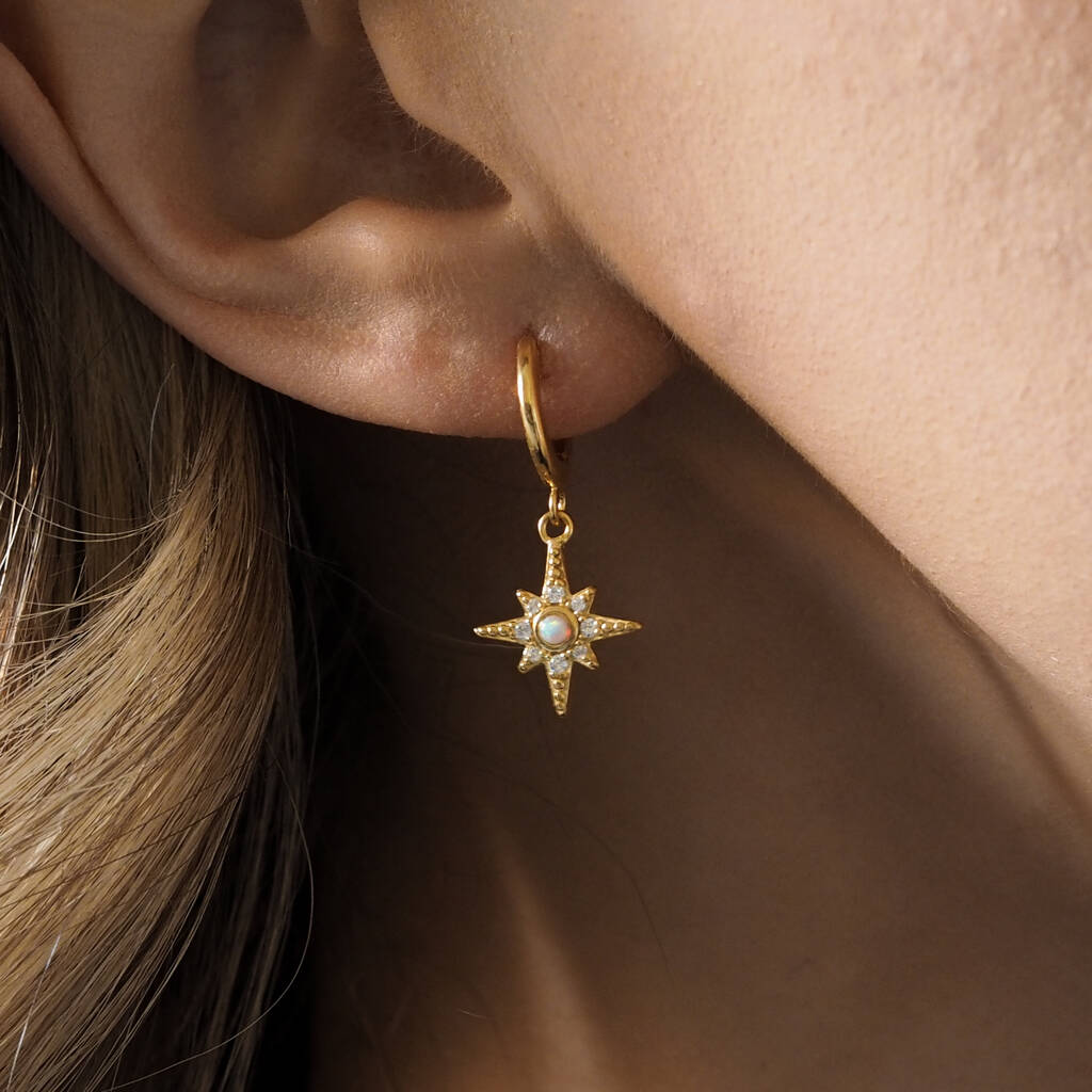 Lulia. Gold Plated Opal Star Hoop Earrings, 1 of 4