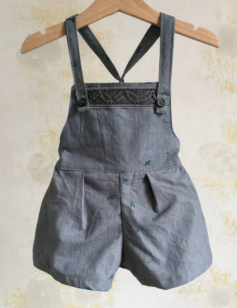 Girls Short Antique Linen Dungarees By Ellie's heirlooms