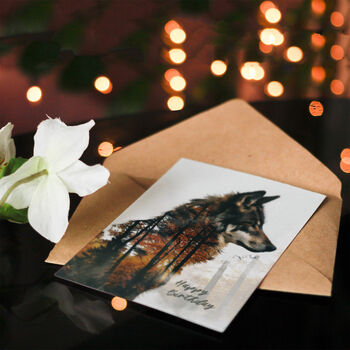 Wolf And Autumn Forest Trees Double Exposure Birthday Card, 4 of 5