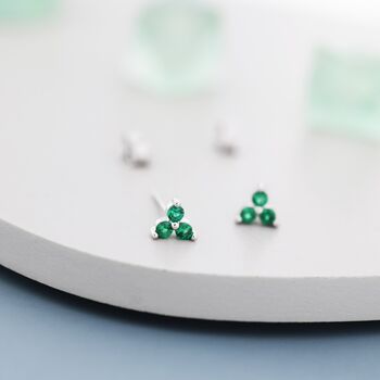 Tiny Emerald Green Trio Stud Earrings Sterling Silver, 4 of 11
