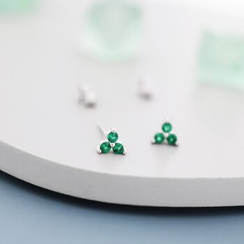 Tiny Emerald Green Trio Stud Earrings Sterling Silver, 4 of 12