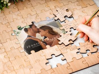 Personalised Photo Jigsaw Puzzle Wooden Wedding Guestbook, 2 of 11