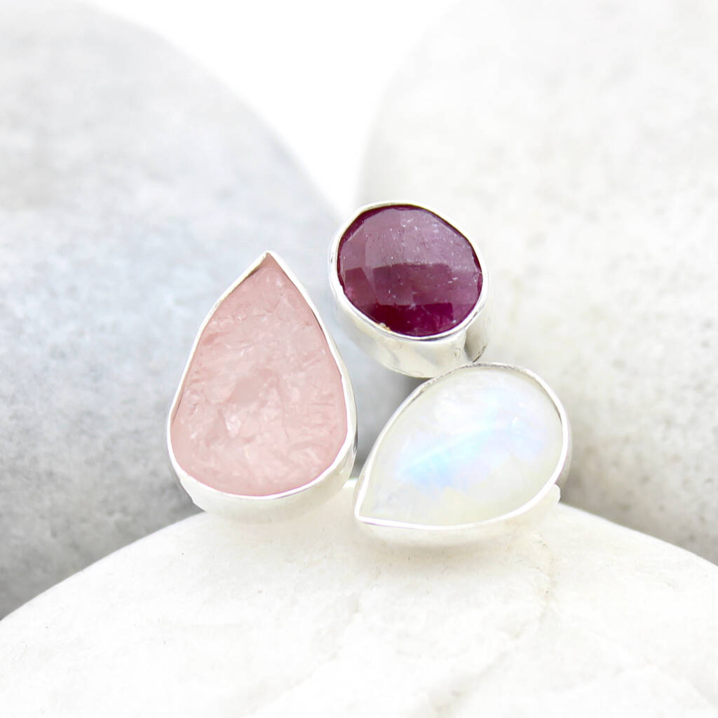 Ruby, Moonstone And Rose Quartz Adjustable Silver Ring, 1 of 7
