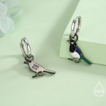 Sterling Silver Magpie Enamel Huggie Hoop Earrings, 4 of 9