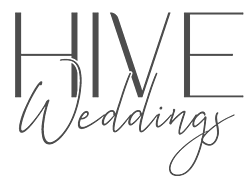 Hive Weddings Logo; delicate font surrounded by a line circle with leaves and flower details