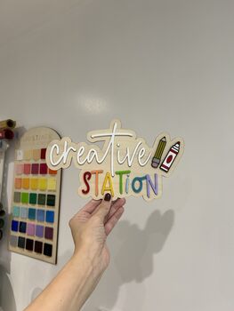 Wooden Playroom Creative Station Sign Colouring Drawing Activity Station For Children’s Bedroom/Playroom Decor, 4 of 4