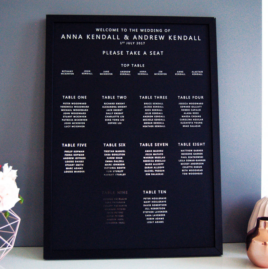 Large Black And Silver Wedding Seating Table Plan Chart By The Luxe Co
