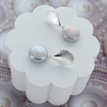 Statement Shell Coin Pearl Drop Earrings, 2 of 4