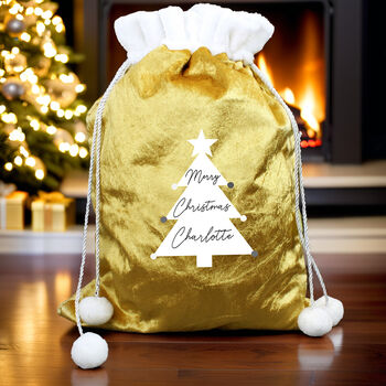 Personalised Christmas Tree Luxury Pom Pom Gold Sack, 3 of 3