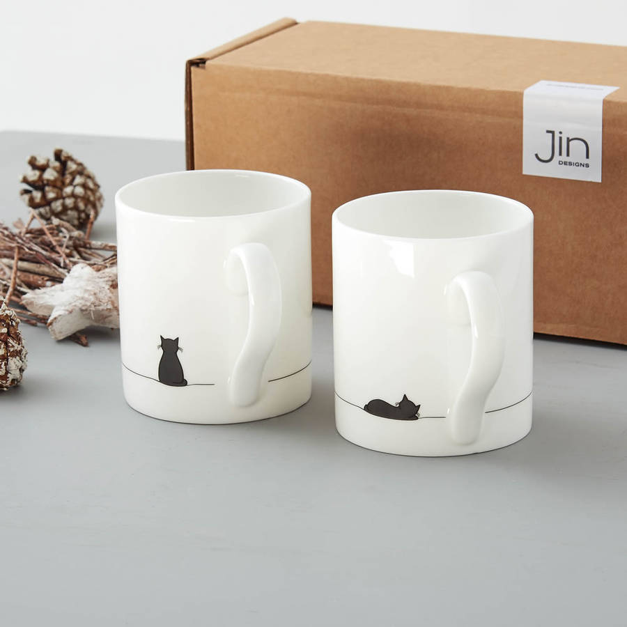 sitting cat and sleeping cat mug, set of two by jin designs ...