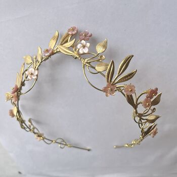 The Ostara Crown Gold Silver Shell Mother Of Pearl Floral Hair Vine Bridal Headpiece, 10 of 12