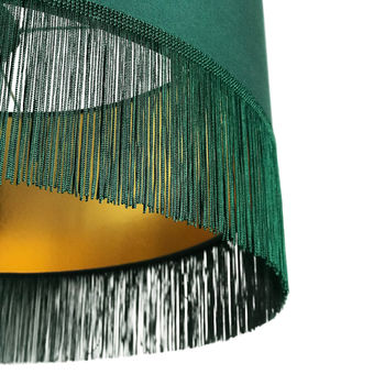 Hunter Green Lampshades With Gold Lining And Fringing, 3 of 10