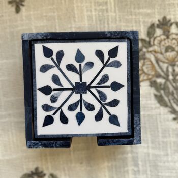 Set Of Six Wood Inlay Coasters With Case Host Gift, 6 of 12