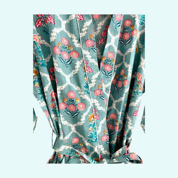Teal Ditsy Floral Print 100% Cotton Block Print Dressing Gown, 3 of 6